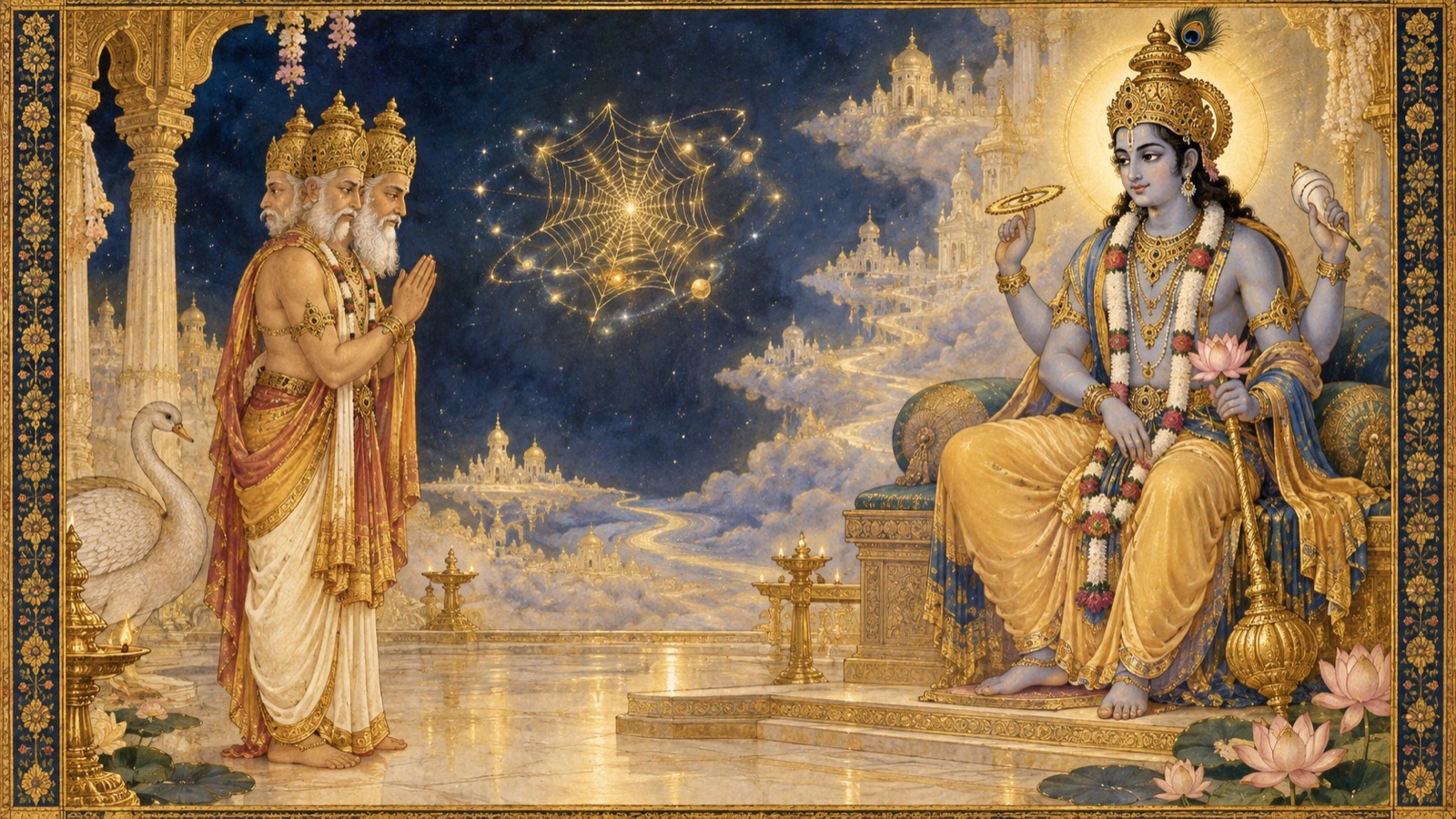 ब्रह्मा प्रार्थना में, अपने ही जाल को बुनती, उसमें रहती तथा उसे समेटती हुई एक देदीप्यमान मकड़ी के पास