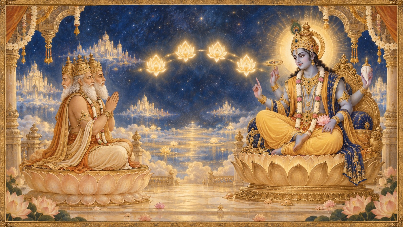 भगवान् ब्रह्मा से कोमलता से बोलते हुए, उनके बीच चार सार-श्लोकों को दर्शाने वाले चमकते प्रतीक
