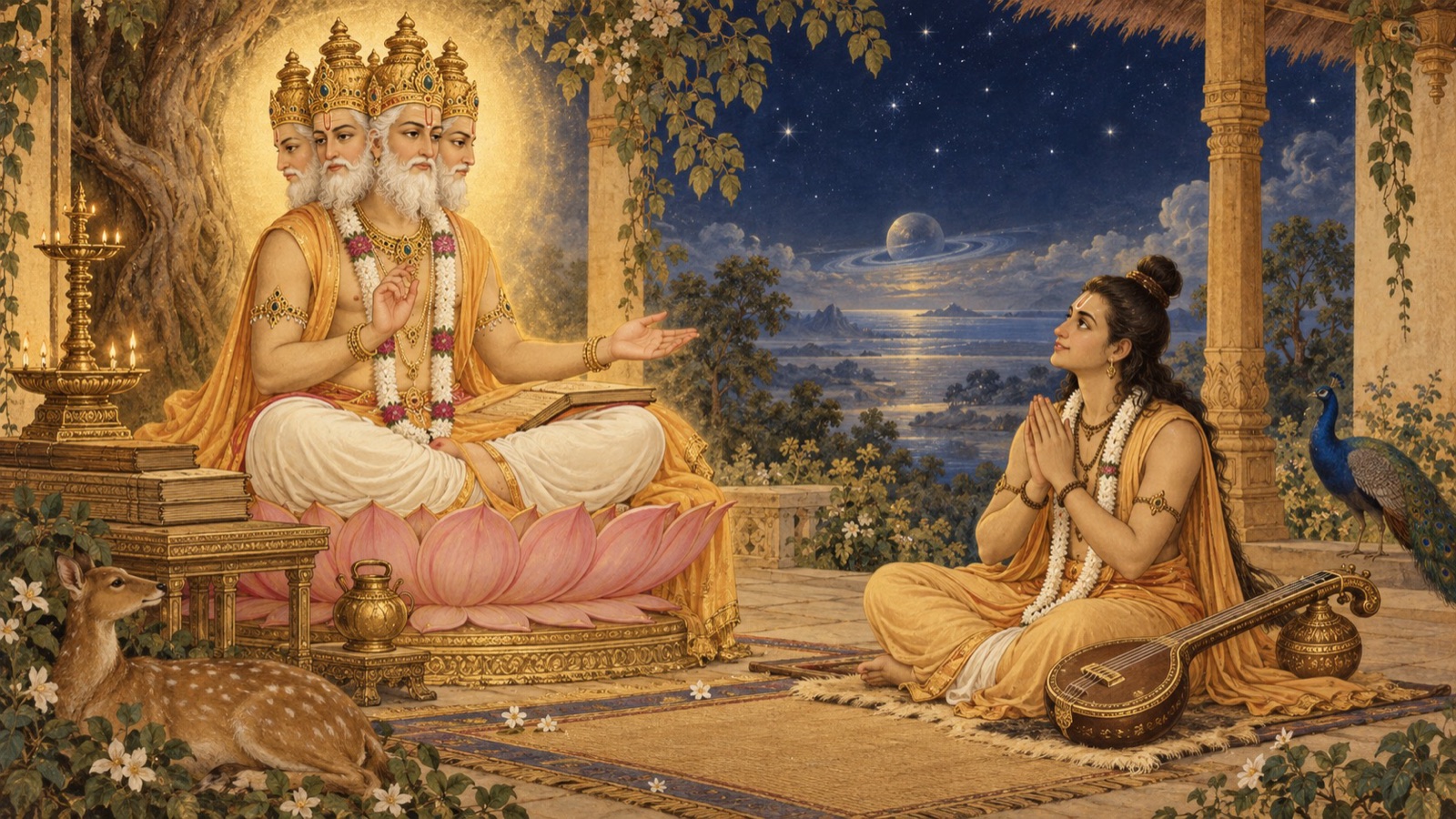 ब्रह्मा उपदेश की मुद्रा में बैठे, ऋषि नारद के समक्ष जो जुड़े हुए हाथों से सुन रहे हैं