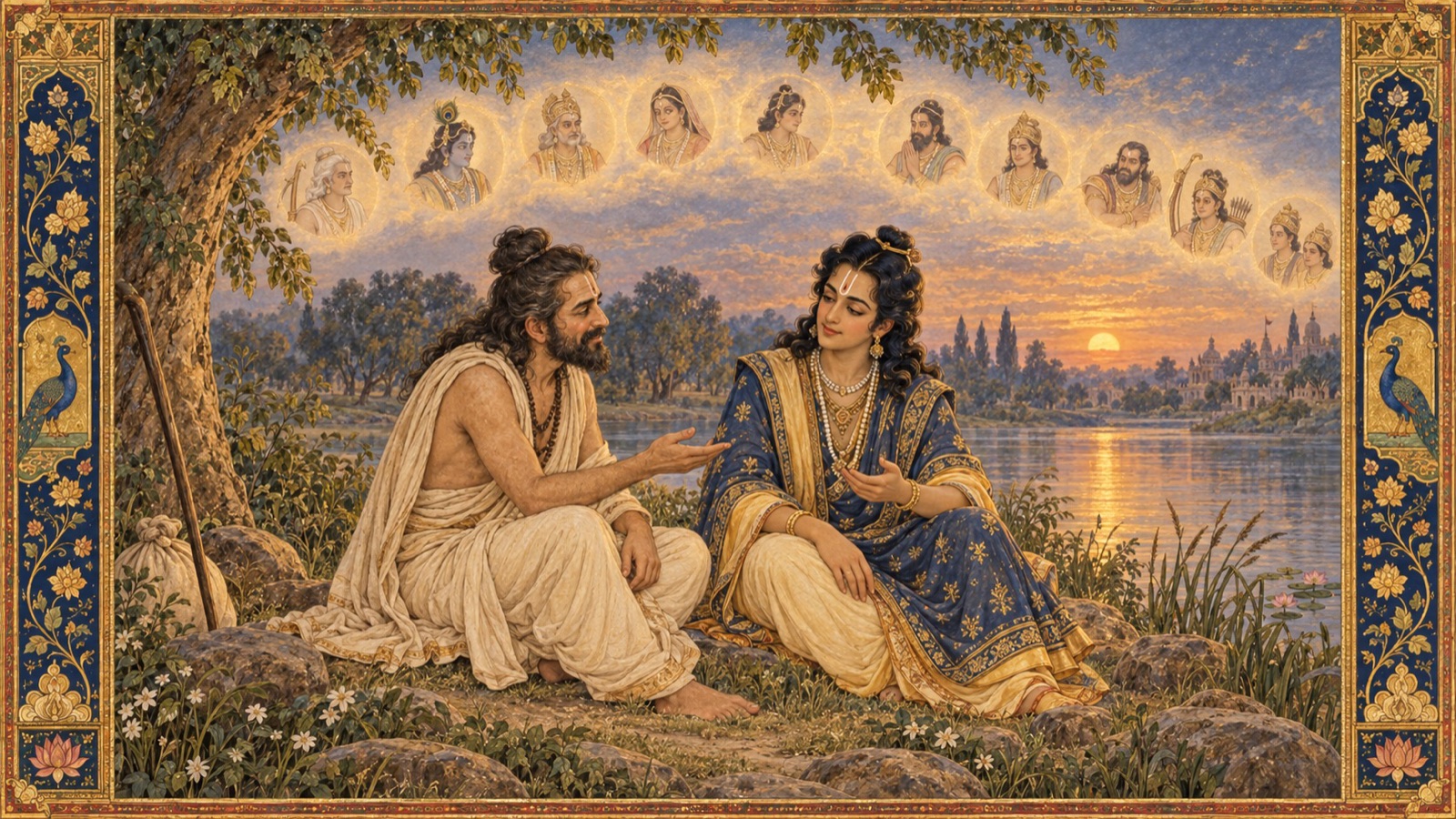 नदी-तट पर साथ बैठे विदुर और उद्धव अपने कुटुम्बीजनों के विषय में गहन वार्तालाप करते हुए