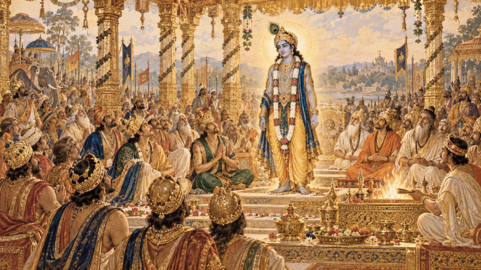 राजसूय यज्ञ की सभा में राजा तथा ऋषि दिव्य रूप को देखते हुए