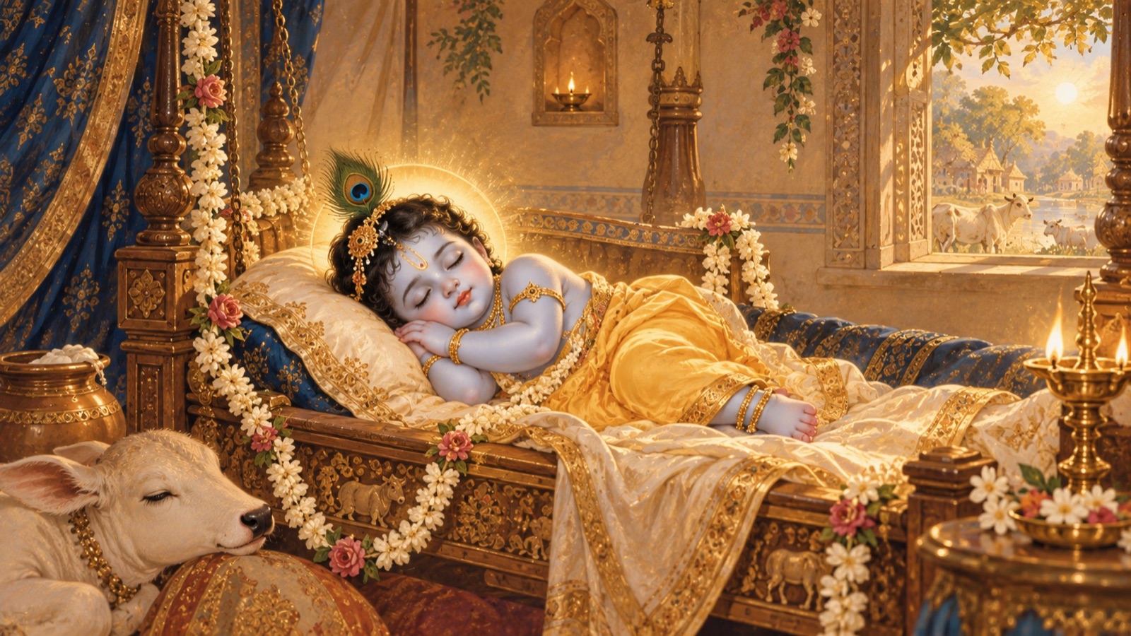 बालक कृष्ण की असीम करुणा का प्रतीक दृश्य, बिना किसी हिंसा के पूतना-प्रसंग का कोमल संकेत