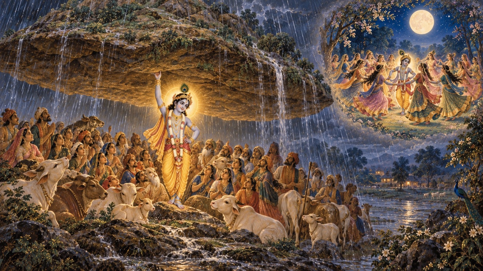 व्रजवासियों की रक्षा हेतु गोवर्धन पर्वत उठाते भगवान् कृष्ण, तथा शरद्-चाँदनी में मण्डल में नृत्य करती गोपियाँ