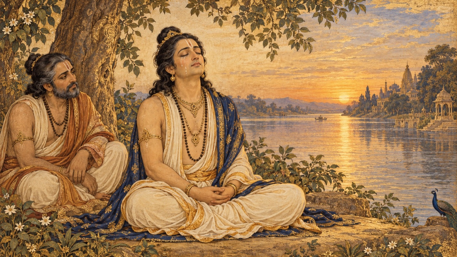 प्रेम से अभिभूत, अश्रुपूर्ण उद्धव, कृष्ण के नाम के स्मरण मात्र से बोलने में असमर्थ