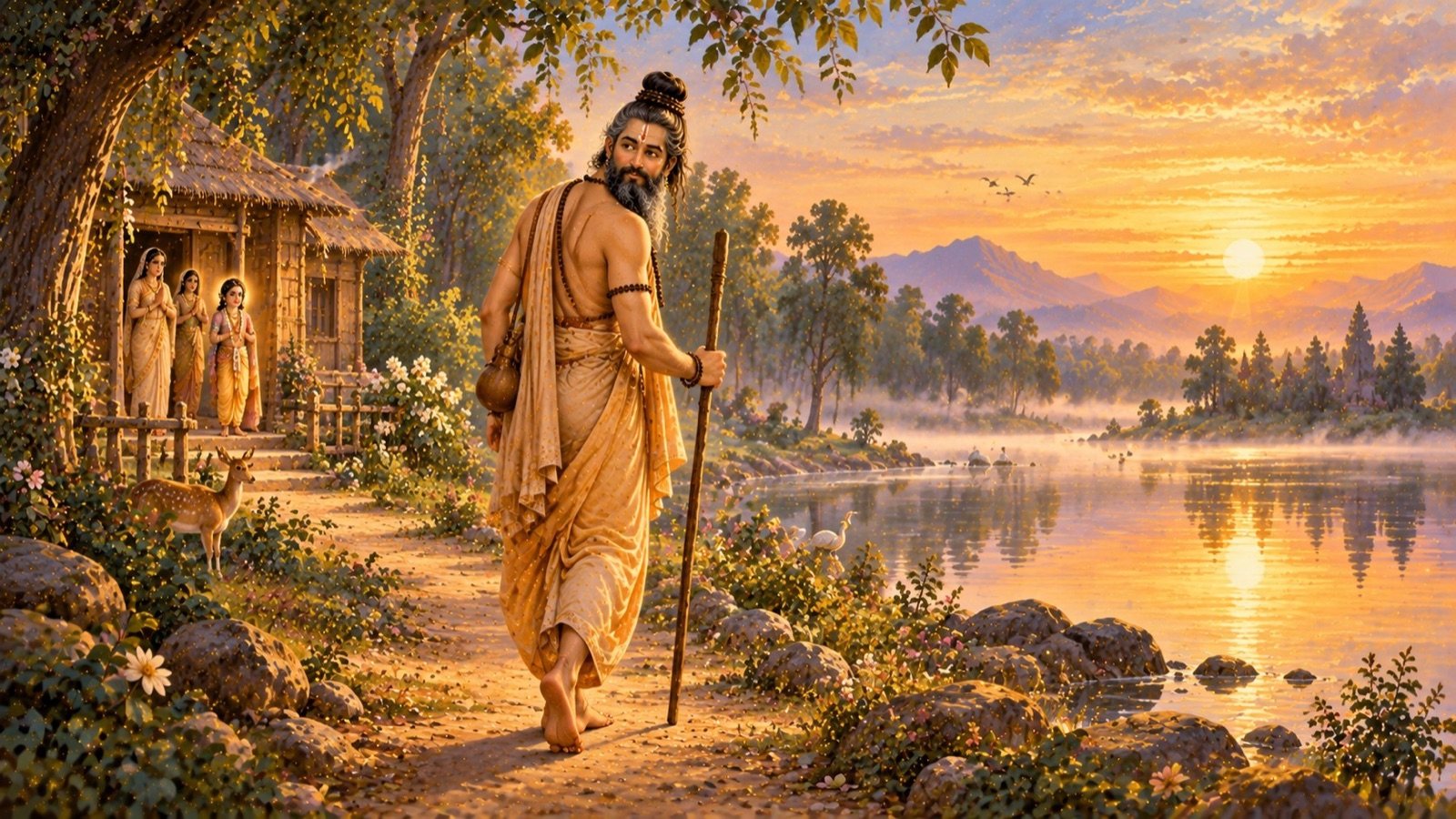 कर्दम अपने दिव्य पुत्र की आदरपूर्वक परिक्रमा करने के पश्चात् भ्रमणशील संन्यास-जीवन की ओर प्रस्थान करते हुए