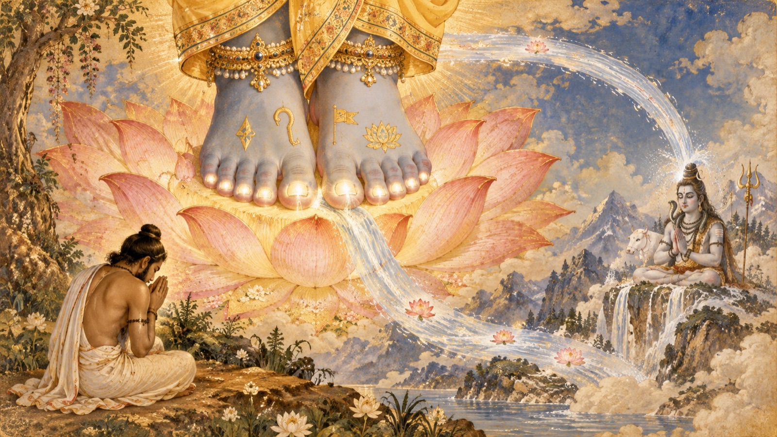 भक्त का ध्यान भगवान् के चरणकमलों पर, जिनसे पवित्र गंगा का उद्गम होता है