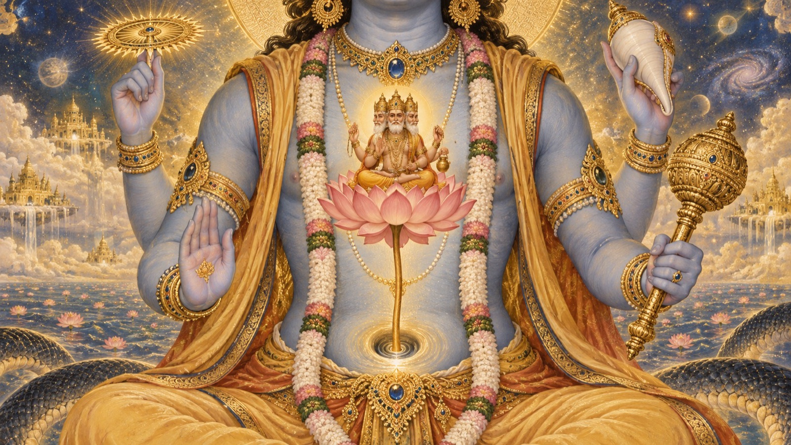 ब्रह्मा के जन्म-स्थान नाभि-कमल तथा चक्र एवं शंख धारण करती भगवान् की चार भुजाओं की ओर बढ़ता ध्यान