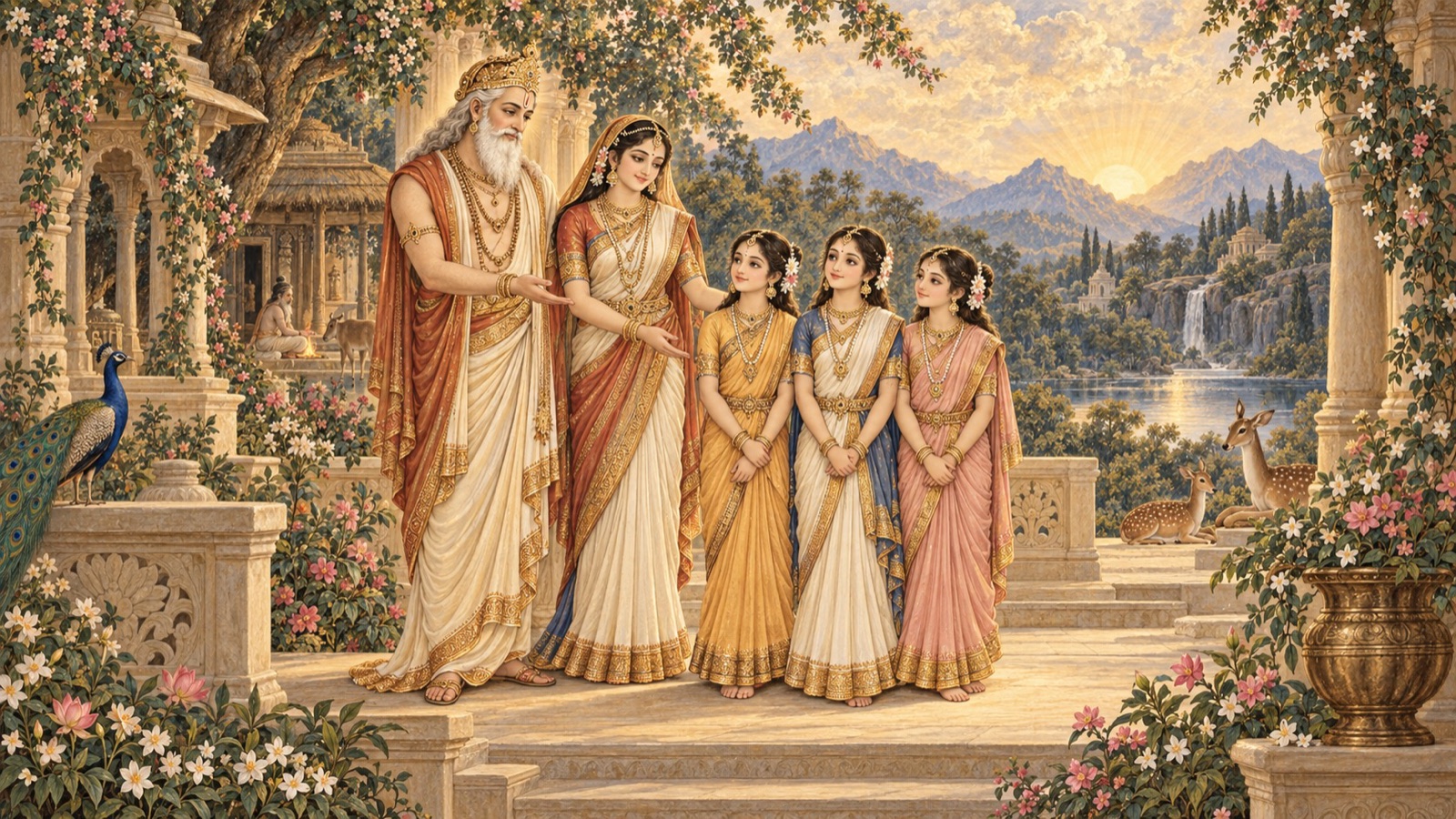 स्वायम्भुव मनु तथा उनकी पत्नी शतरूपा अपनी तीन कन्याओं आकूति, देवहूति तथा प्रसूति के साथ