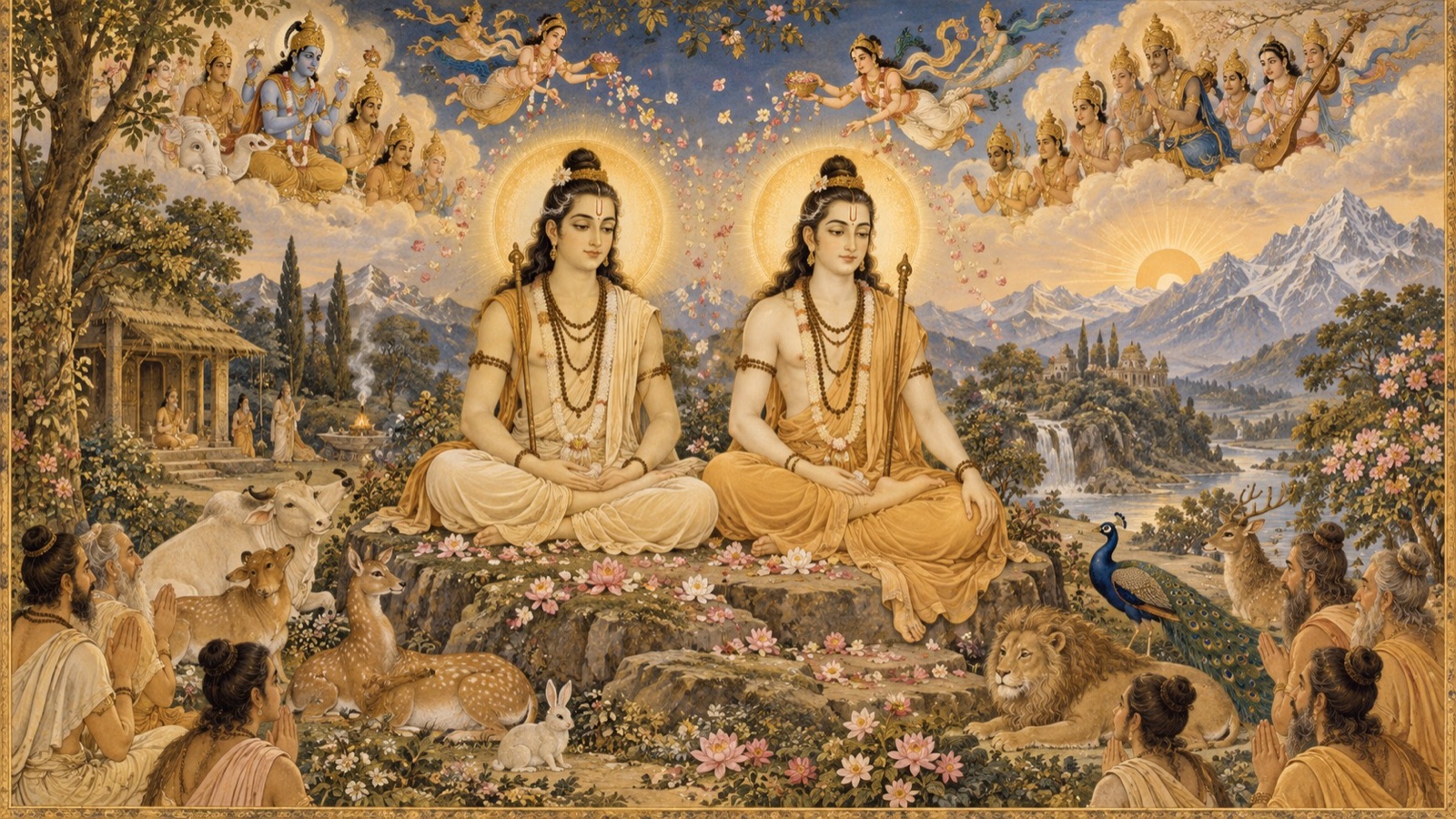 दिव्य ऋषि नर तथा नारायण का अवतरण, आकाश से पुष्प बरसते तथा देवगण स्तुति करते हुए