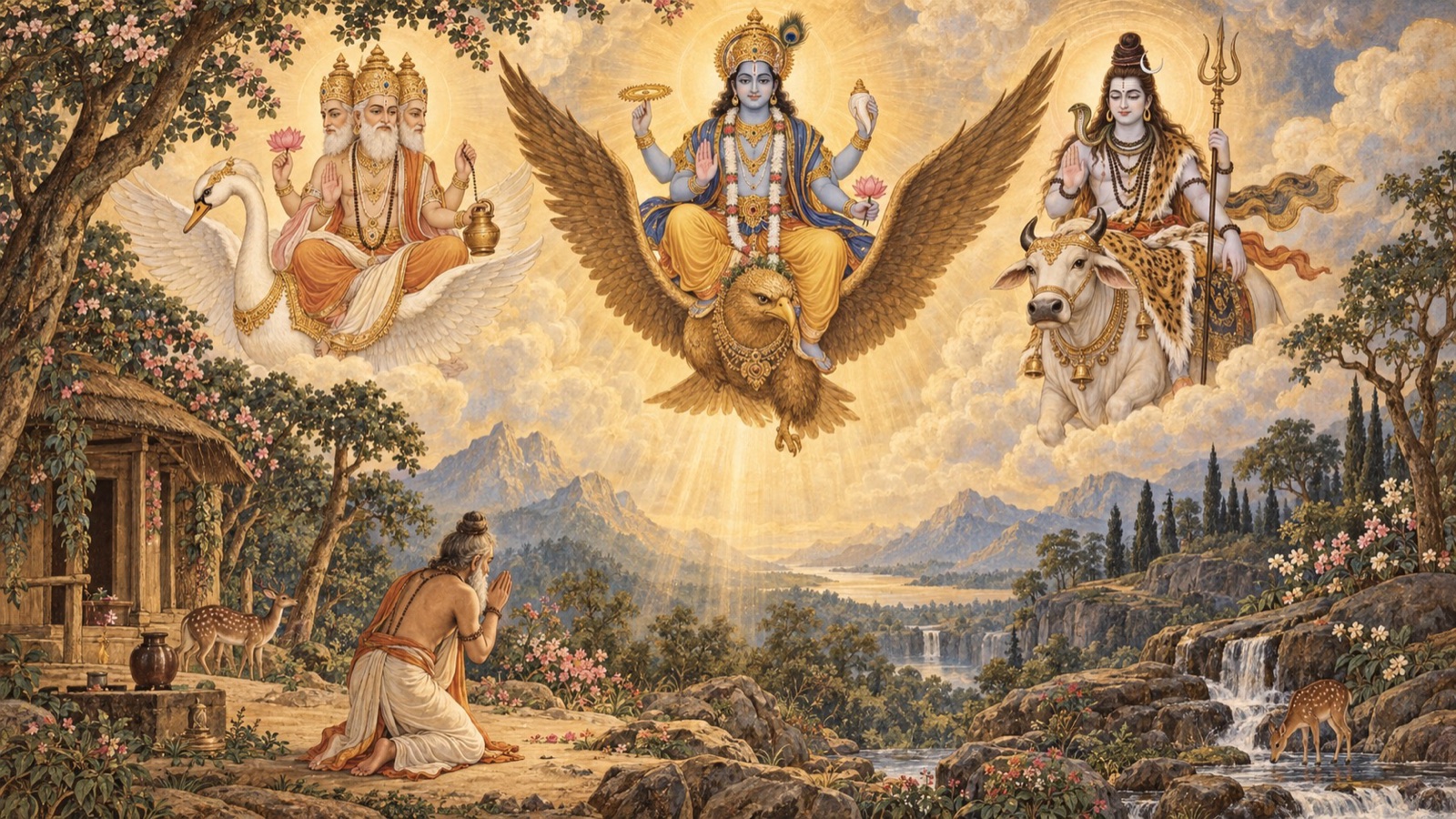 तीनों देव ब्रह्मा, विष्णु तथा शिव अपने दिव्य वाहनों पर एक साथ ऋषि अत्रि के वन-आश्रम में अवतरित होते हुए