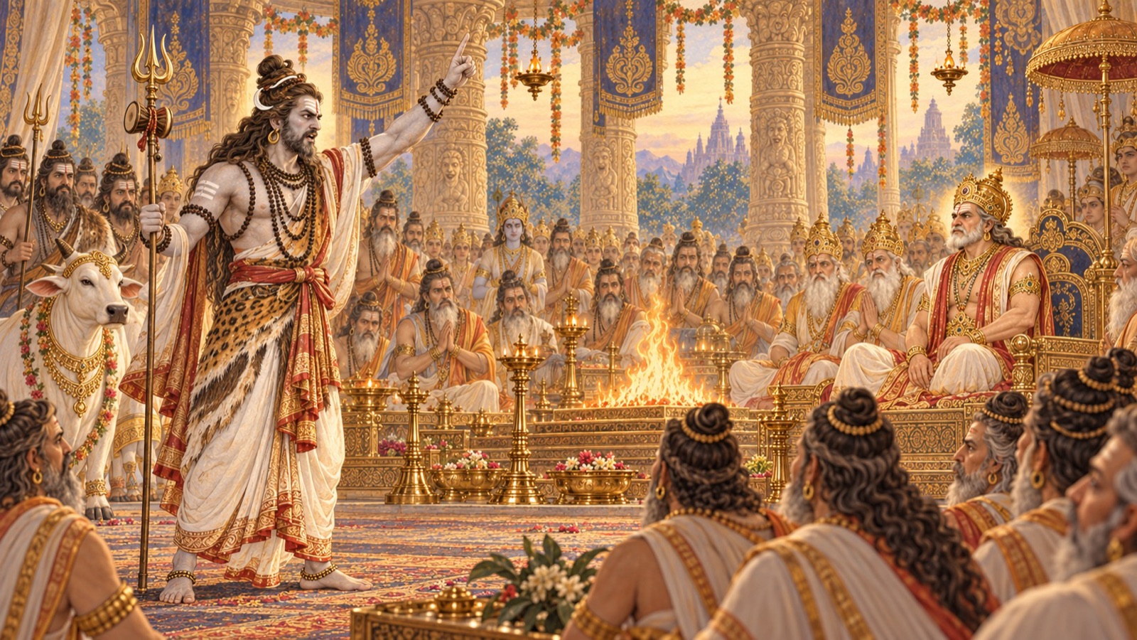 भगवान् शिव के प्रमुख परिचर नन्दीश्वर दक्ष पर प्रति-शाप उच्चारित करते हुए