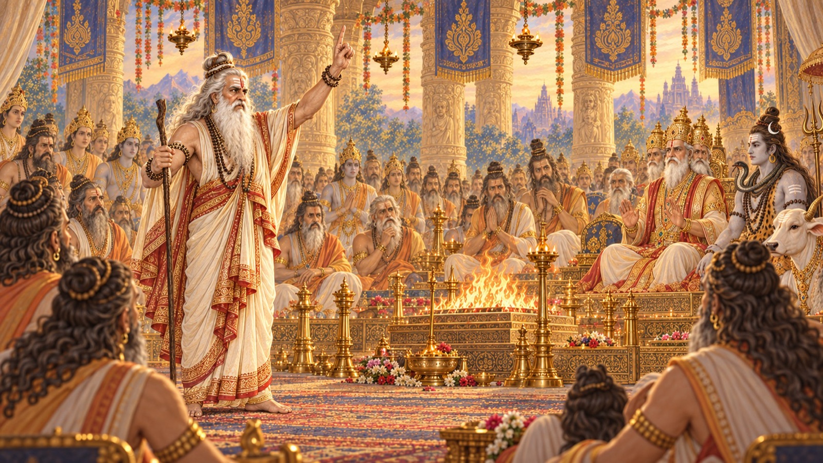 शिव के मार्ग के अनुयायियों पर प्रति-शाप उच्चारित करने उठते ऋषि भृगु