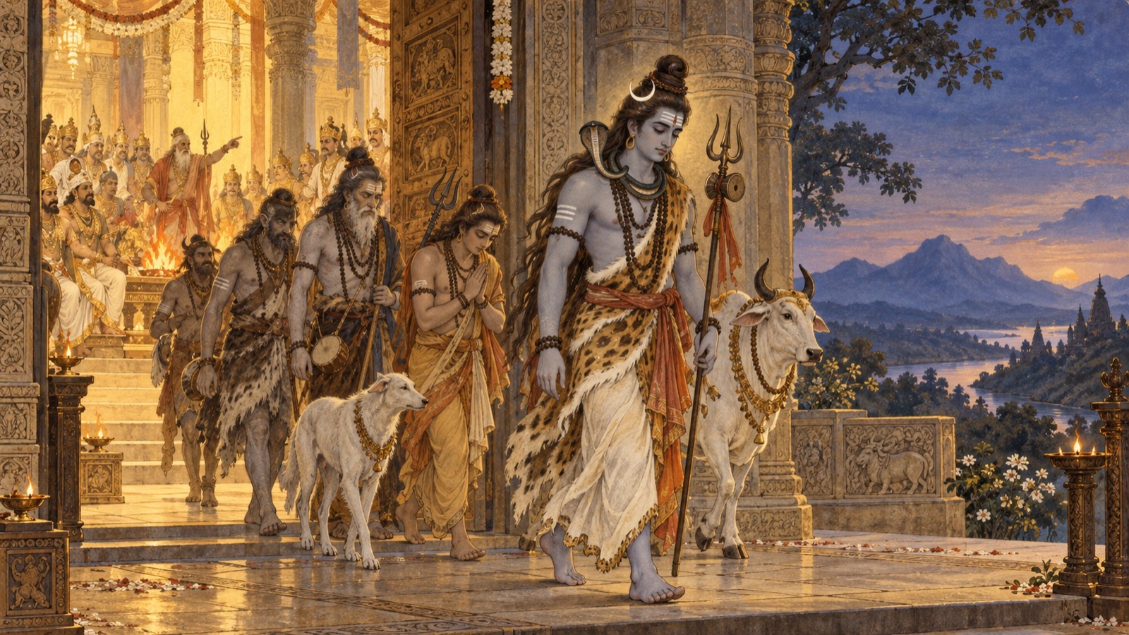 प्रतिशोध किए बिना अपने अनुयायियों सहित सभा से चुपचाप जाते भगवान् शिव