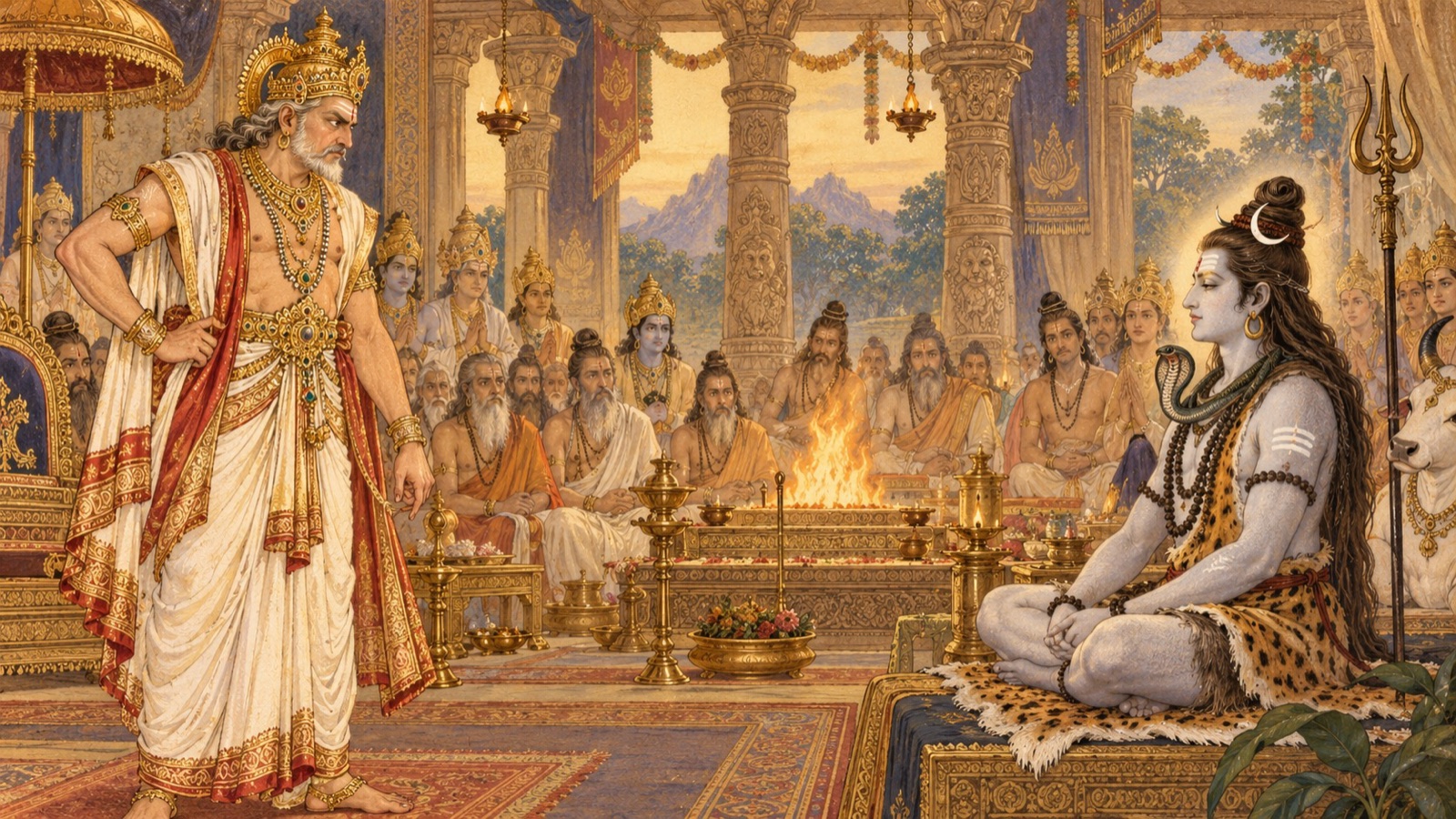 ऋषियों और देवताओं की महान् यज्ञ-सभा में भगवान् शिव पर क्रोधपूर्ण दृष्टि डालते दक्ष