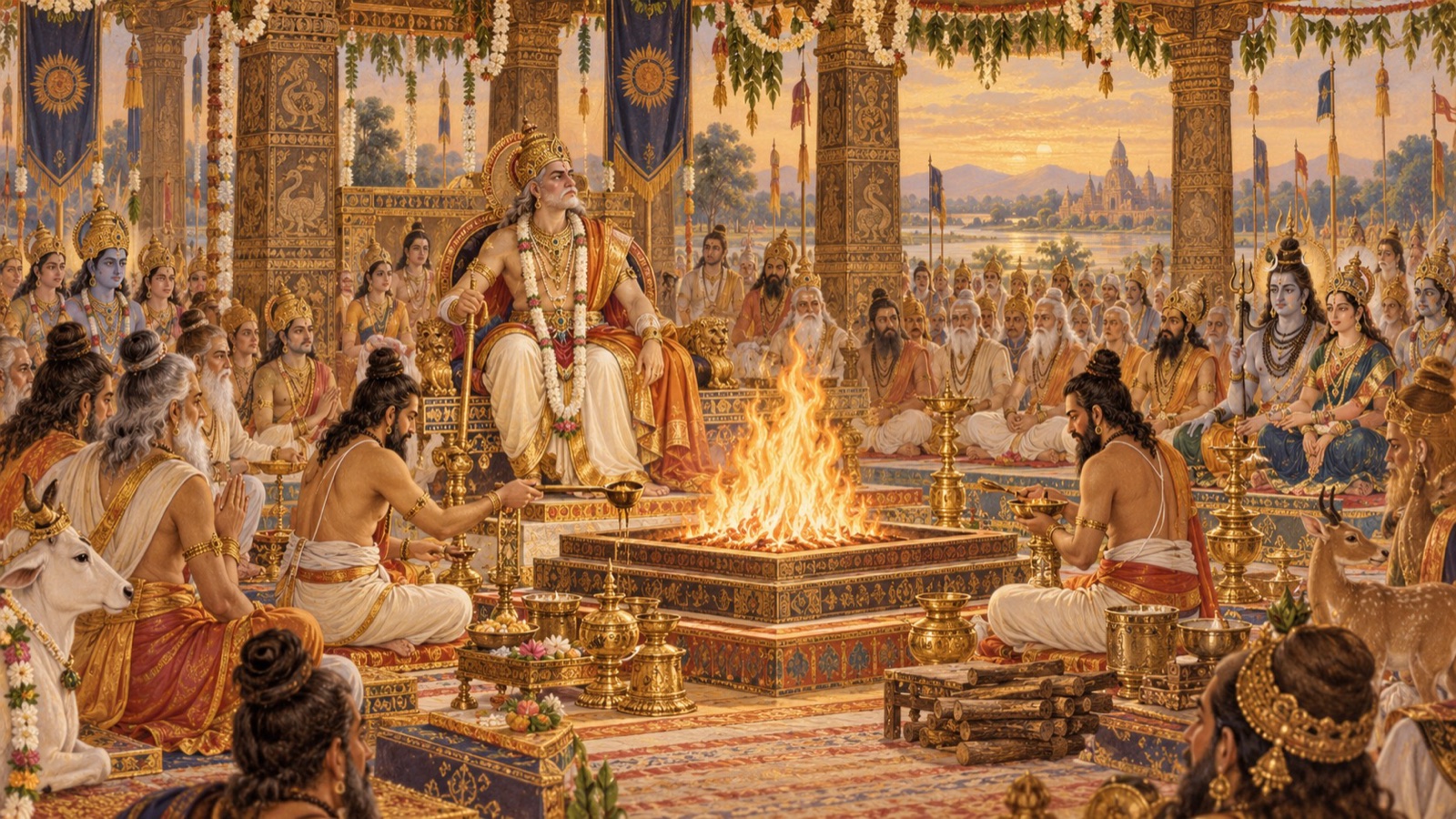 अलंकृत ऋषियों, देवर्षियों, पितरों तथा देवगणों सहित महान् बृहस्पति-सव यज्ञ आरम्भ करते दक्ष