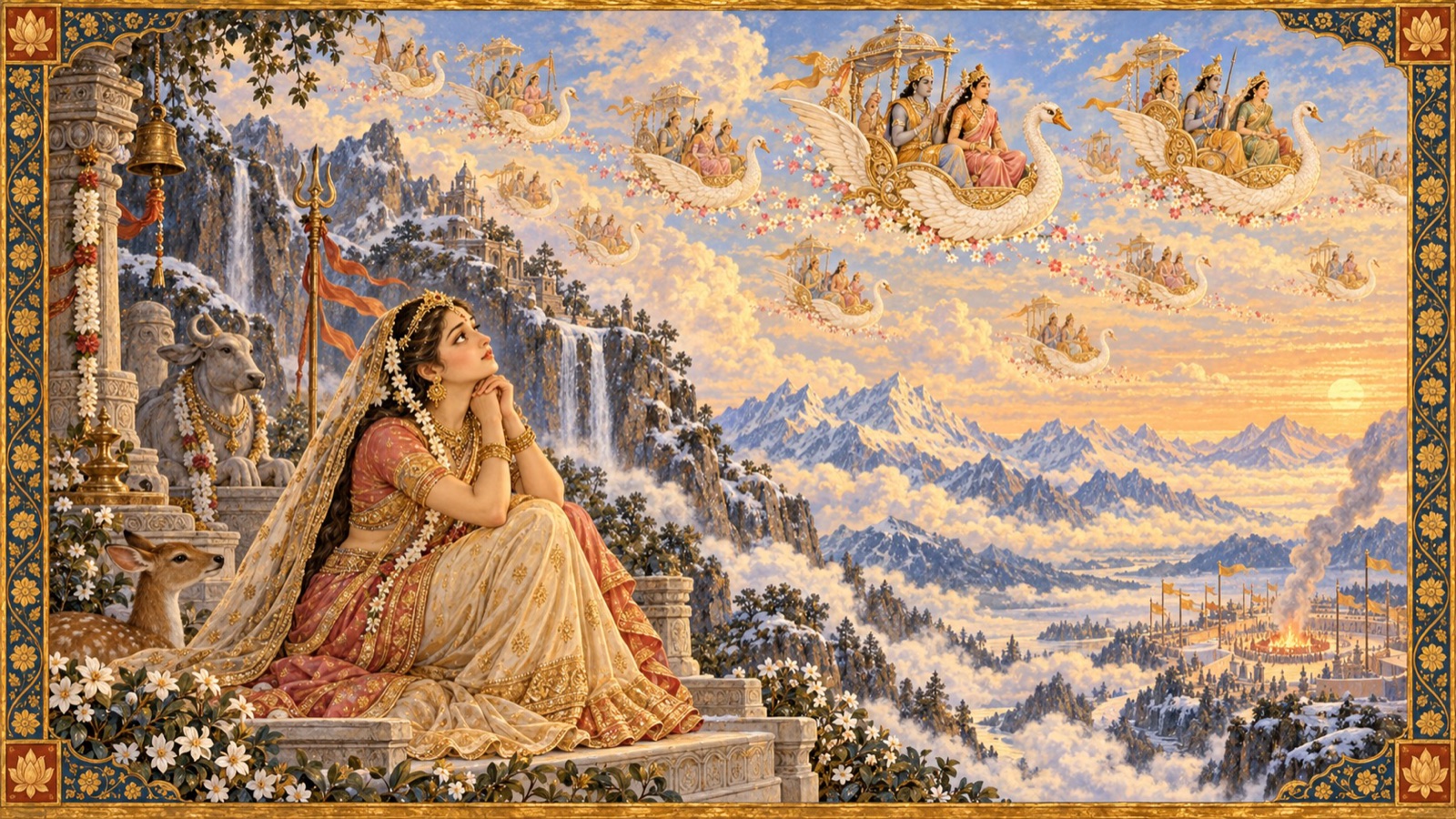 कैलास पर सती देवताओं की अलंकृत पत्नियों को विमानों में अपने पिता के यज्ञ की ओर उड़ते देखतीं