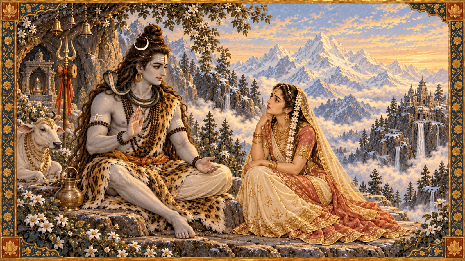 शान्त धैर्य में बैठे भगवान् शिव सती को यज्ञ में न जाने की कोमल सलाह देते हुए