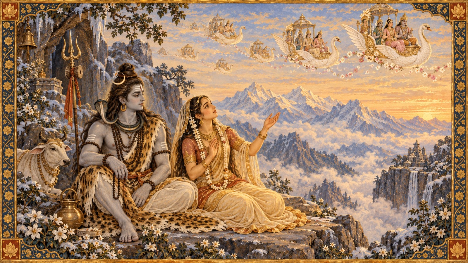 कैलास पर सती स्वर्ग की देवियों को विमानों में अपने पिता के यज्ञ की ओर उड़ते देखतीं, भगवान् शिव की ओर मुड़तीं