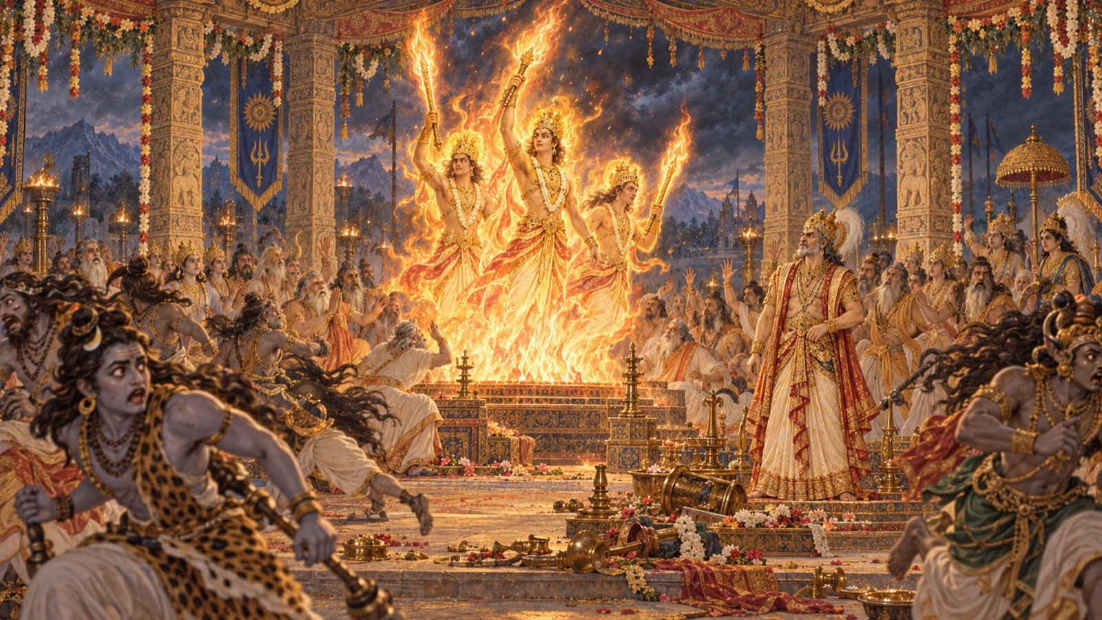 सती के देहत्याग पर शोक-नाद उठते ही यज्ञ-प्रांगण उथल-पुथल में डूबता और शिव के परिचर तितर-बितर होते हुए