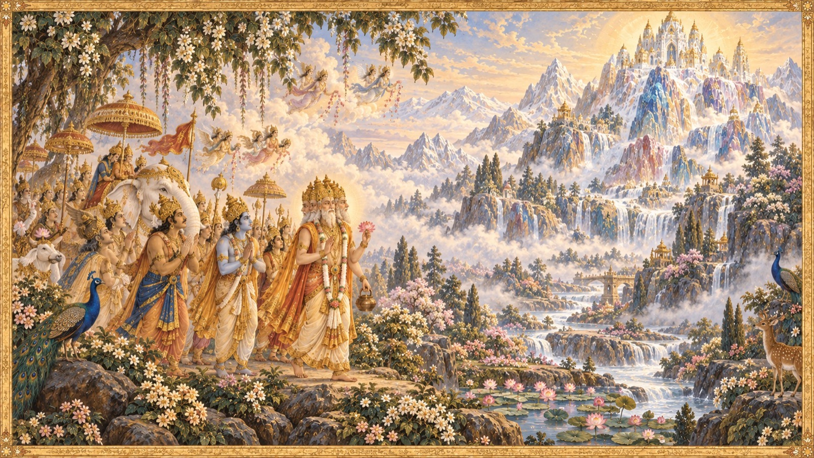 ब्रह्मा के नेतृत्व में देवगण कैलास पर्वत की रत्नमय ऊँचाइयों की यात्रा करते हुए