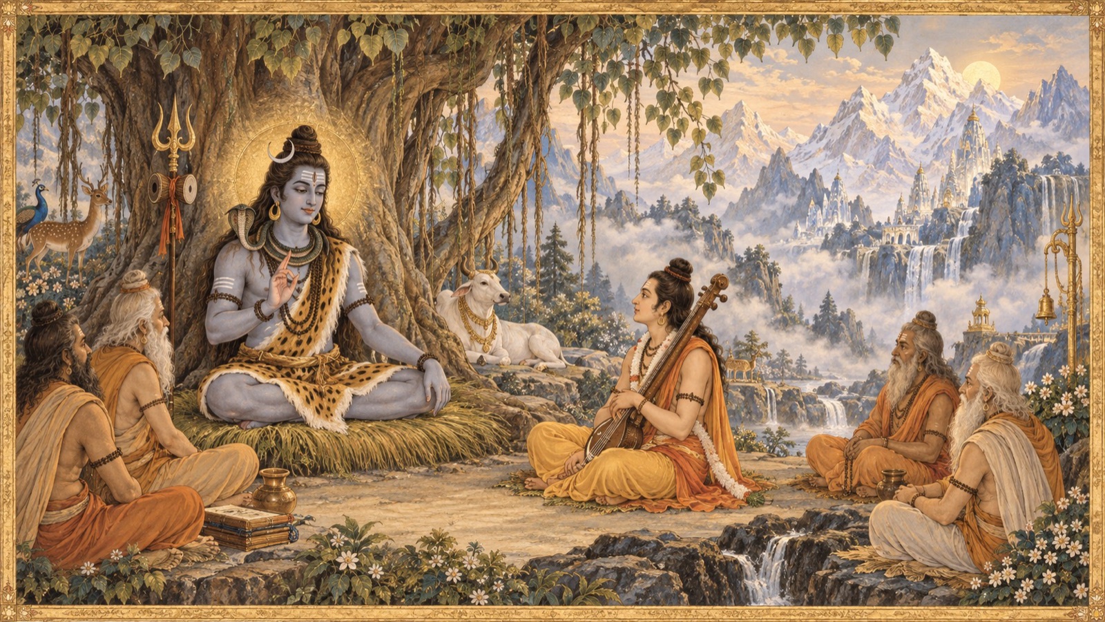 कैलास पर एक महान् वटवृक्ष के नीचे शान्त धैर्य में विराजमान भगवान् शिव को नारद को उपदेश देते हुए देखते देवगण