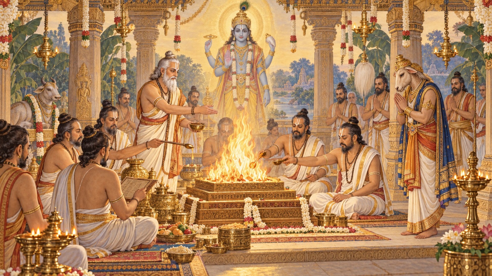 आचार्य तथा ऋत्विज दक्ष के यज्ञ को पुनः आरम्भ करते, भगवान् विष्णु के निमित्त आहुति अर्पित करते हुए