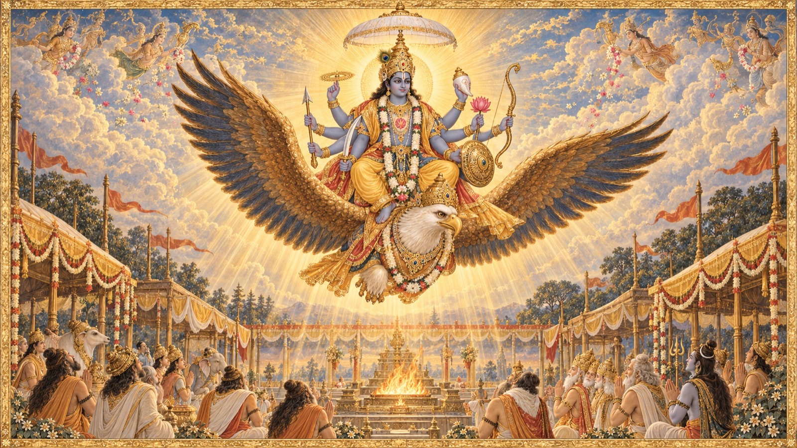 परम भगवान् श्रीहरि दक्ष के यज्ञ में गरुड़ पर आरूढ़, सूर्य से भी तेजस्वी, स्वयं प्रकट होते हुए, सभा नत होती हुई
