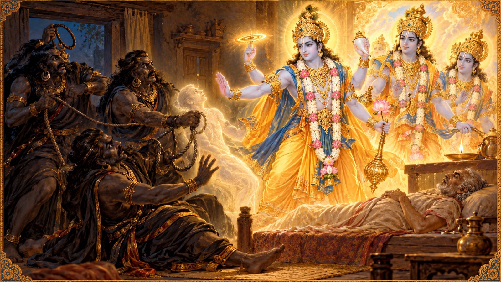 एक मरणासन्न मनुष्य के पास यमराज के भयंकर दूतों को रोकते भगवान् विष्णु के चतुर्भुज दूत