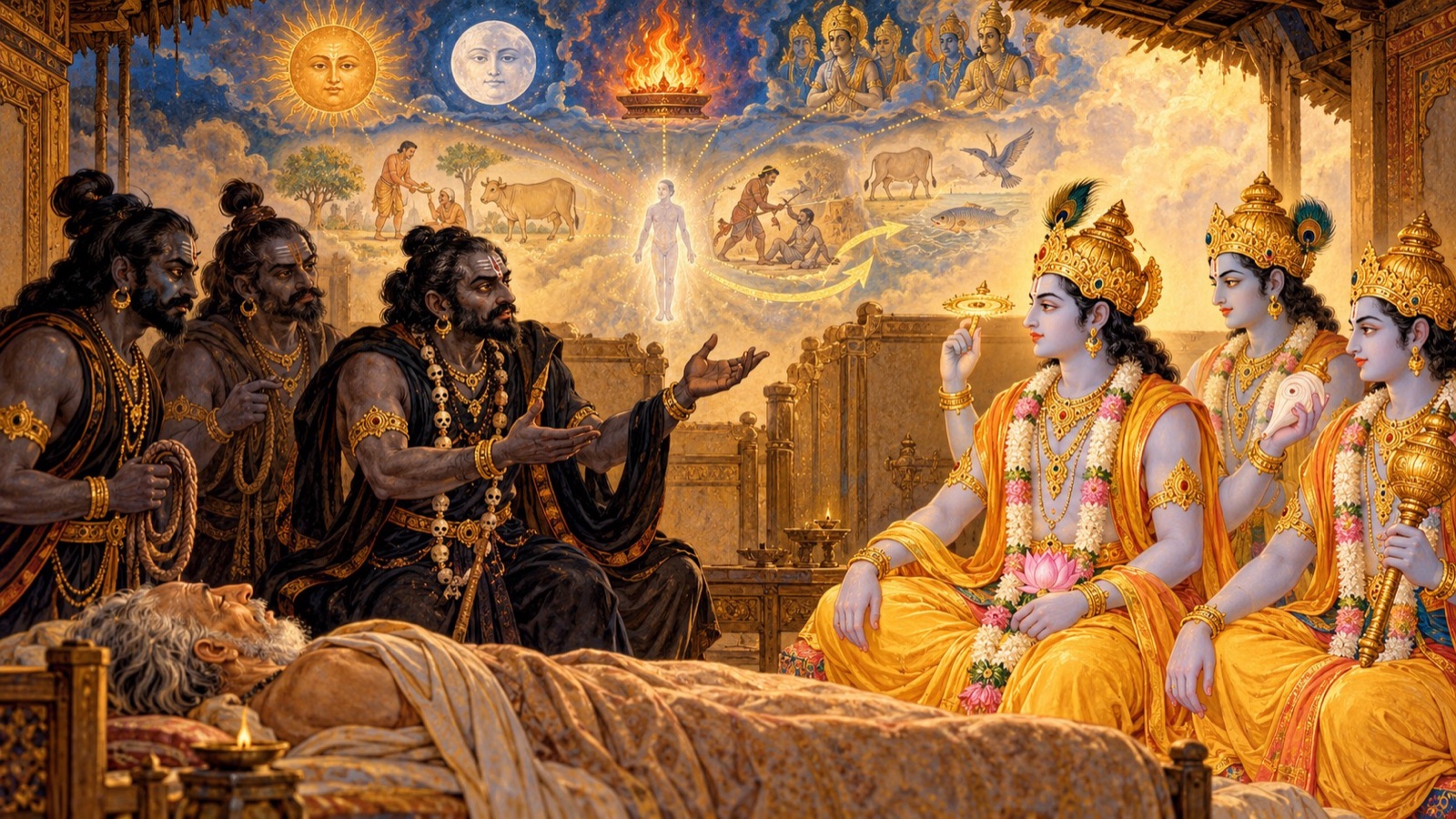 भगवान् विष्णु के दूतों को धर्म तथा कर्म का विधान समझाते यमराज के दूत