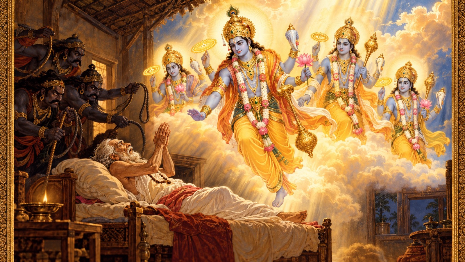 मरणासन्न अजामिल के 'नारायण' पुकारते ही भगवान् विष्णु के तेजस्वी चतुर्भुज दूतों का अवतरण