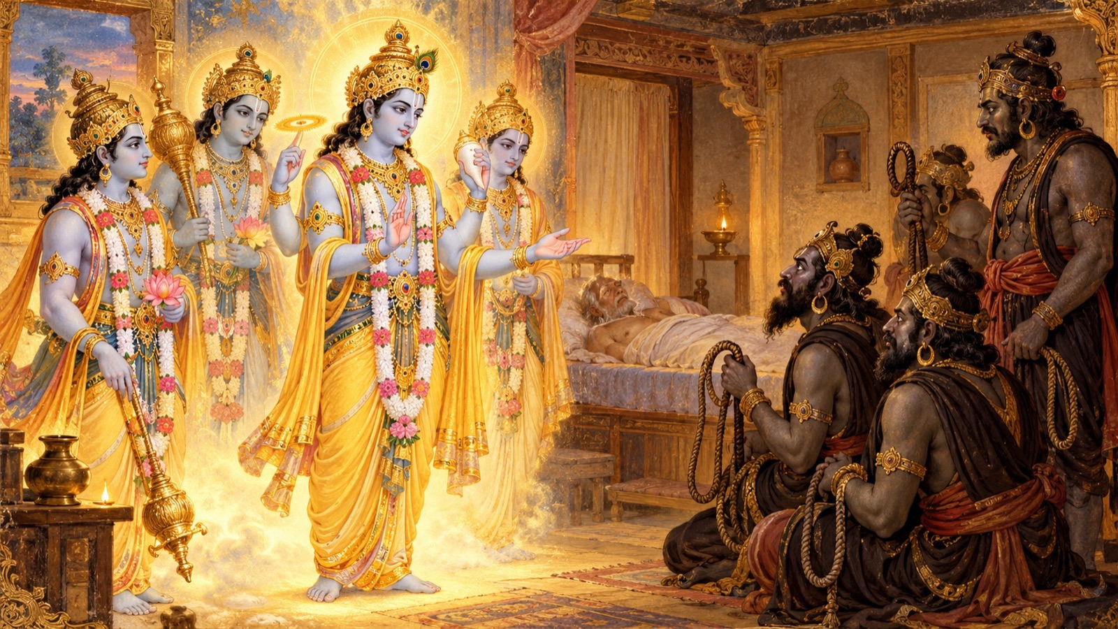 यमराज के दूतों को भगवन्नाम की महिमा का विवेचन करते विष्णु के चतुर्भुज दूत