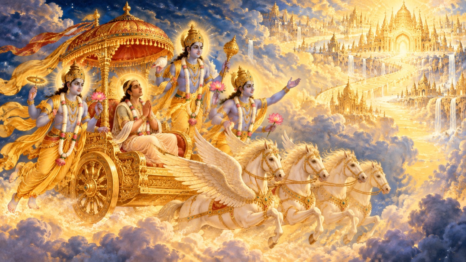 भगवान् विष्णु के दूतों के साथ स्वर्ण-विमान में वैकुण्ठ की ओर आरोहण करता ब्राह्मण अजामिल