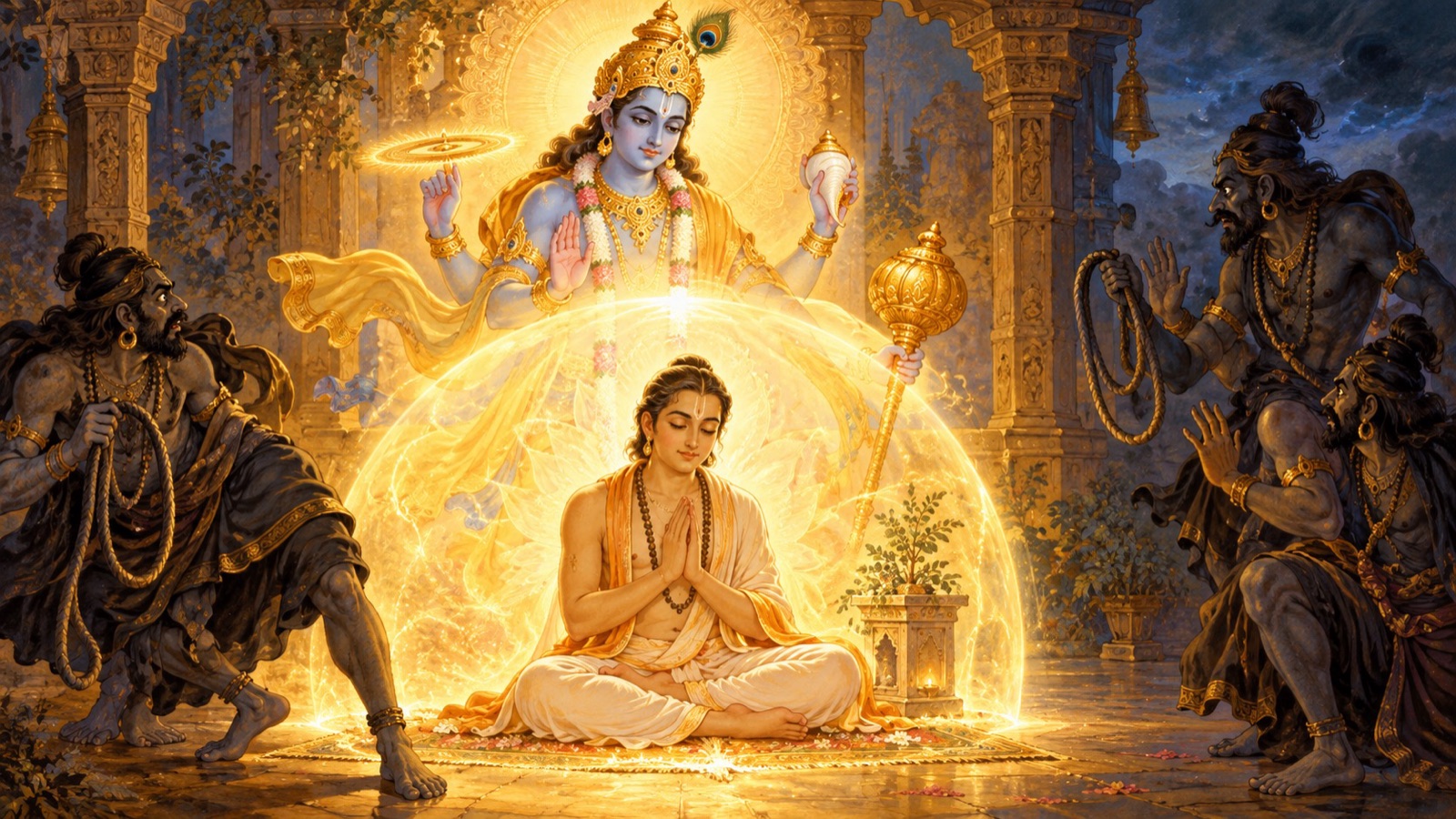 दिव्य प्रकाश से रक्षित भगवान् का एक शान्त भक्त जबकि यमराज के दूत दूर रहते हैं